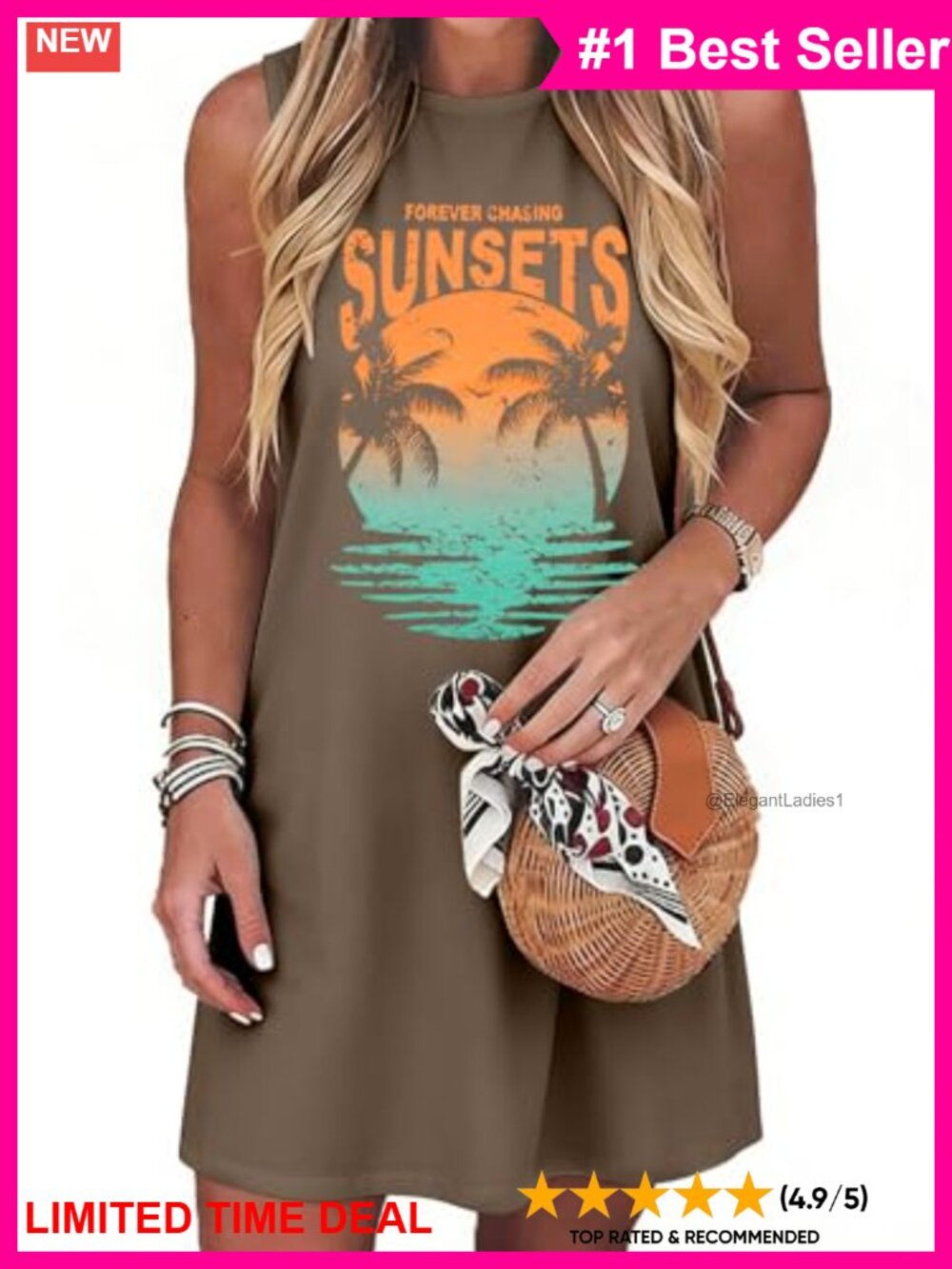 Women's Summer Beach Tank Dress Sleeveless Aloha Palm Print Mini Sundress